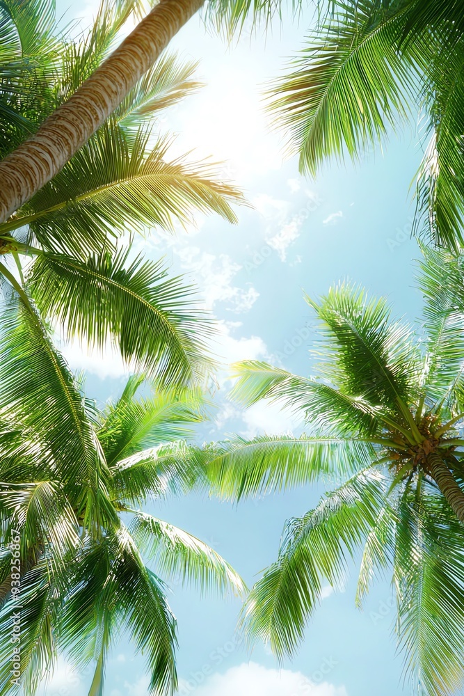 Looking up at palm trees against a bright blue sky. Looking up at palm trees against a bright blue sky.