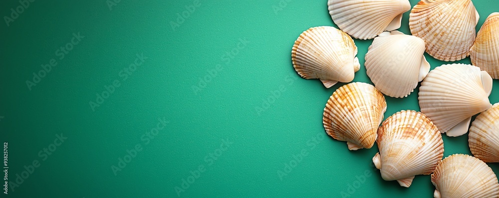 Seashells on a green background with some copy space. Seashells on a green background with some copy space.