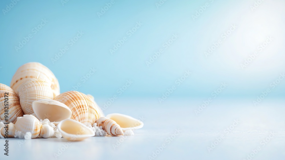 Seashells on a blue background with a copy space. Seashells on a blue background with a copy space.