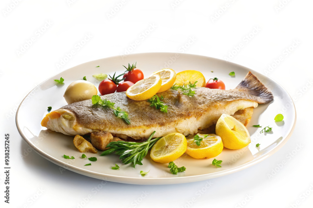 A beautifully plated grilled fish with lemon wedges, herbs, and cherry tomatoes. The fish is cooked to perfection, with crispy skin and flaky white meat. A beautifully plated grilled fish with lemon wedges, herbs, and cherry tomatoes. The fish is cooked to perfection, with crispy skin and flaky white meat.