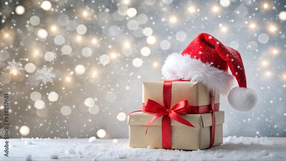 Blank gift boxes with Santa Claus hat on top on sparkles Christmas lights bokeh background banner. Xmas delivery service, holiday, promotion, sale concept. Copy space. Blank gift boxes with Santa Claus hat on top on sparkles Christmas lights bokeh background banner. Xmas delivery service, holiday, promotion, sale concept. Copy space.