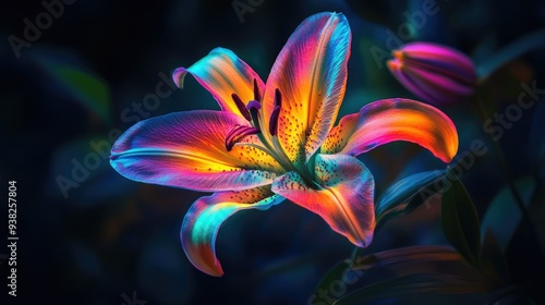 A stunning neon lily bloom with vibrant colors, glowing brightly against a dark, contrasting background.