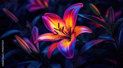 A stunning neon lily bloom with vibrant colors, glowing brightly against a dark, contrasting background.