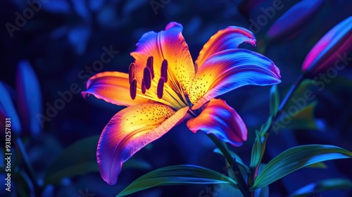 A stunning neon lily bloom with vibrant colors, glowing brightly against a dark, contrasting background.
