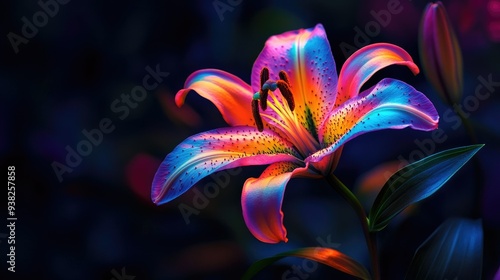 A stunning neon lily bloom with vibrant colors, glowing brightly against a dark, contrasting background.