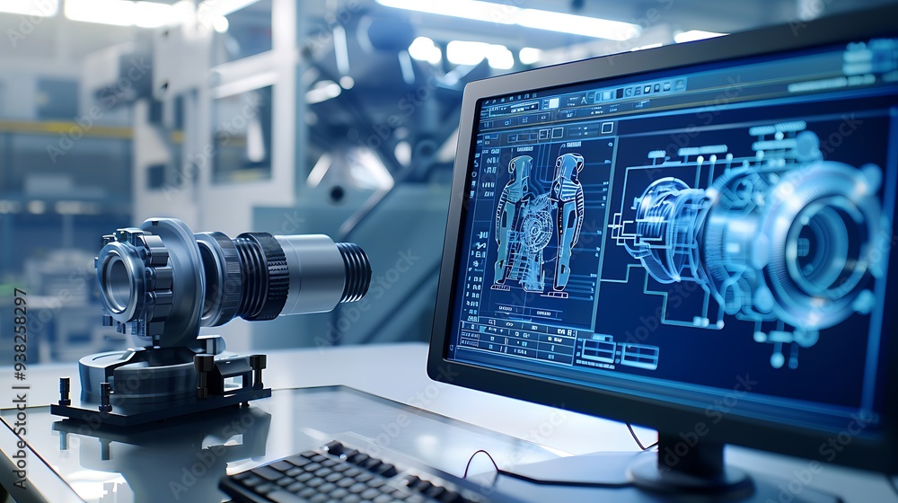Fototapeta premium Mechanical engineering design software displayed on a computer screen, showing detailed technical schematics and 3D models