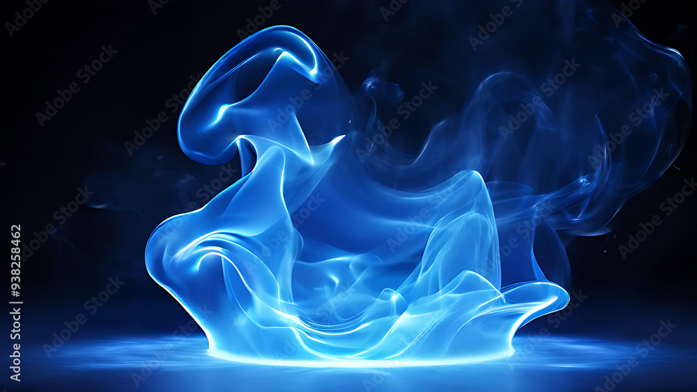 Fototapeta premium Magic blue smoke, mystical smoke effect, futuristic smoke. Neon blue color geometric circle abstract energy swirl visuals, isolated on black background