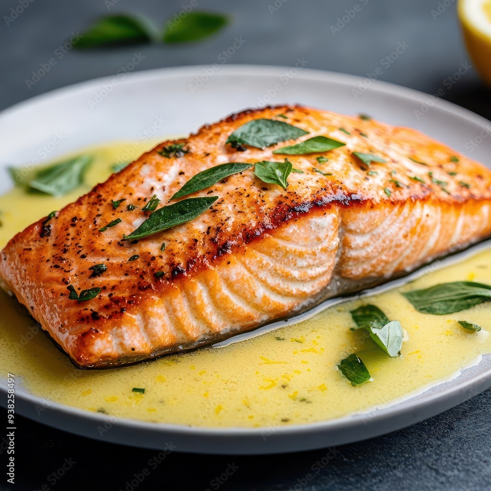 Juicy salmon fillet with a crispy skin, served with a lemon butter sauce, light and flavorful Juicy salmon fillet with a crispy skin, served with a lemon butter sauce, light and flavorful