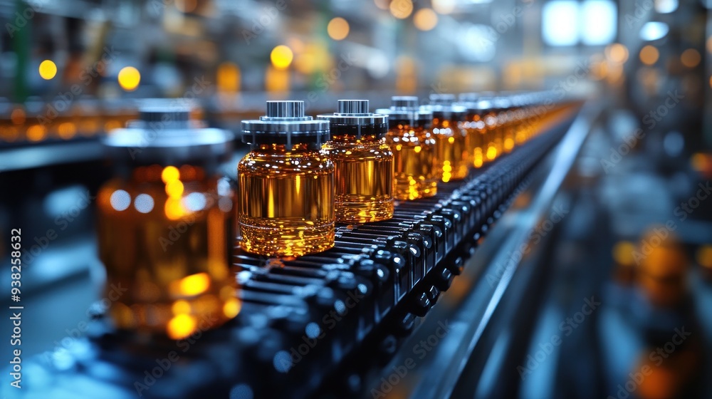 Bottles on a Conveyor Belt in a Factory Bottles on a Conveyor Belt in a Factory