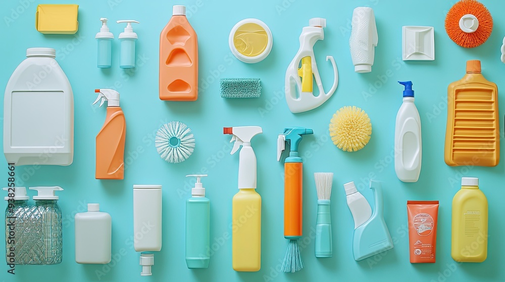 A variety of cleaning products laid out on a blue background, ready for use in any room. A variety of cleaning products laid out on a blue background, ready for use in any room.