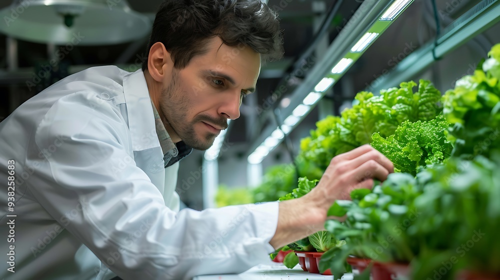Researcher carefully gathering hydroponic vegetable samples in a lab environment for scientific examination Researcher carefully gathering hydroponic vegetable samples in a lab environment for scientific examination