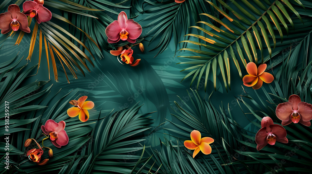 Vibrant Arrangement of Overlapping Palm Leaves and Exotic Orchids on Tropical Background Vibrant Arrangement of Overlapping Palm Leaves and Exotic Orchids on Tropical Background