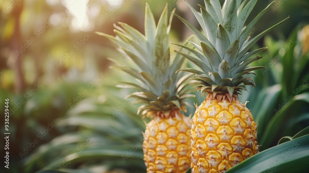Close-up two pineapple fruits in pineapple farming Close-up two pineapple fruits in pineapple farming