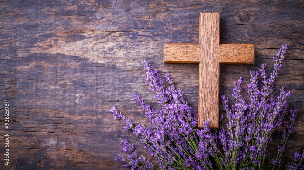 A wooden cross with lavender sprigs, creating a peaceful and spiritual atmosphere. A wooden cross with lavender sprigs, creating a peaceful and spiritual atmosphere.