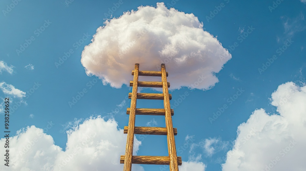 A wooden ladder leading up to a cotton-like cloud, capturing the essence of reaching goals. A wooden ladder leading up to a cotton-like cloud, capturing the essence of reaching goals.