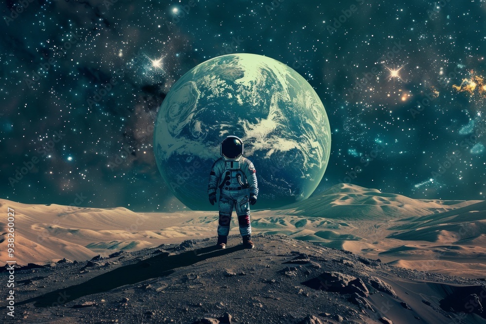 man standing on hill looking at the earth, lone astronaut standing on the surface of Mars, gazing back at Earth man standing on hill looking at the earth, lone astronaut standing on the surface of Mars, gazing back at Earth