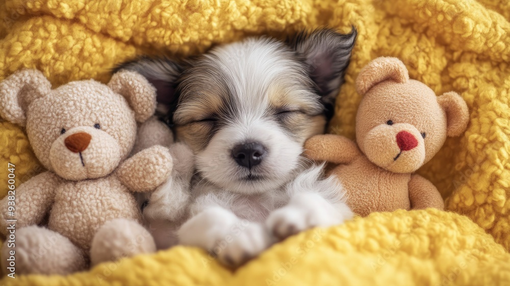 Fototapeta premium Adorable puppy nestled among teddy bears, sleeping peacefully on a soft yellow blanket, creating a heartwarming scene.