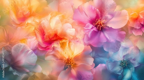 An explosion of soft, colorful petals, merging vibrant hues into a tranquil and beautiful scene.