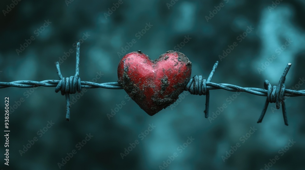 Barbed wire wrapped around a red heart, starkly contrasting against a dark, gritty background. - Barbed wire wrapped around a red heart, starkly contrasting against a dark, gritty background. -