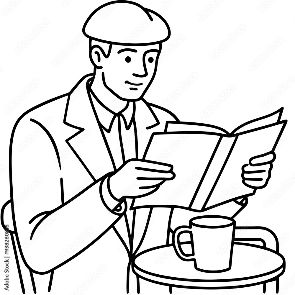 Man Reading Newspaper and Enjoying Coffee at Cafe Man Reading Newspaper and Enjoying Coffee at Cafe
