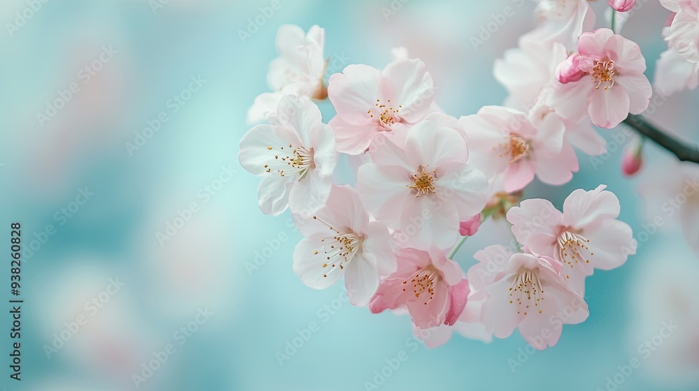 Beautiful pink cherry blossoms bloom against a soft blue background, evoking a peaceful springtime atmosphere. Beautiful pink cherry blossoms bloom against a soft blue background, evoking a peaceful springtime atmosphere.