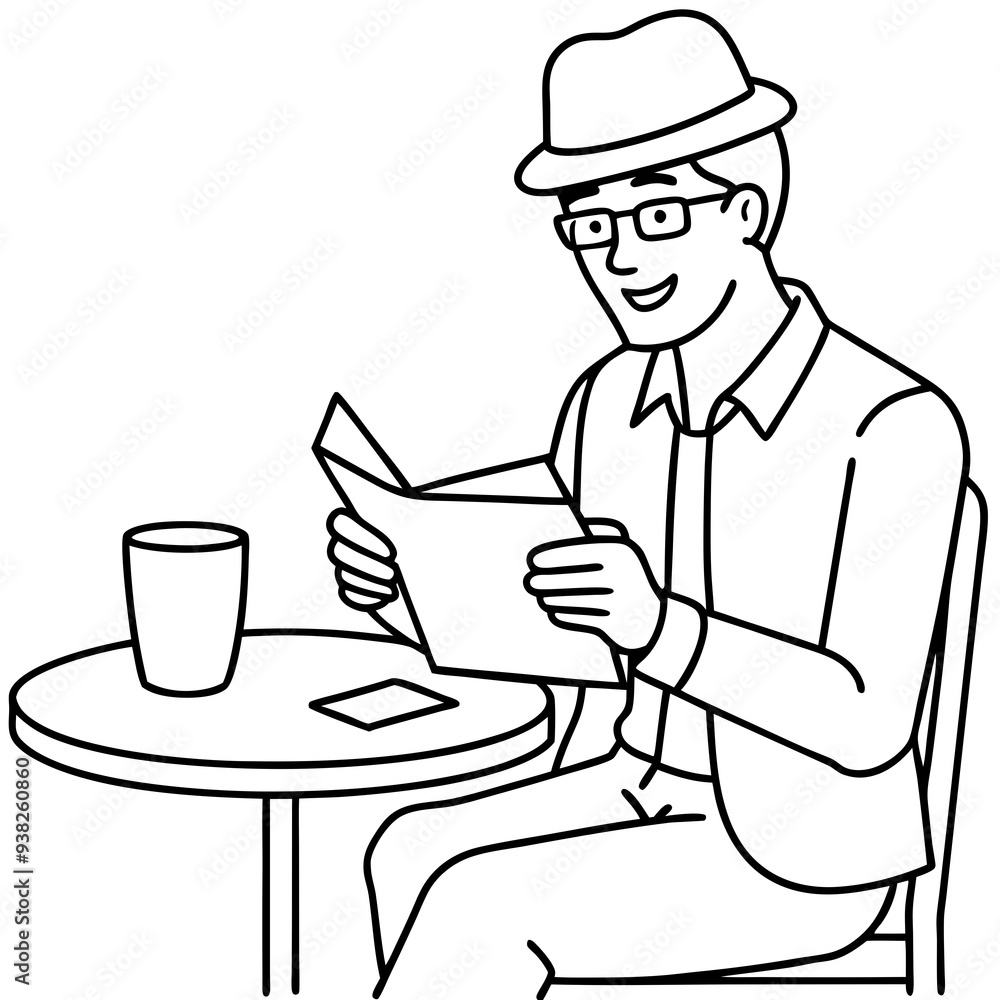 Man Reading Newspaper and Enjoying Coffee at Cafe Man Reading Newspaper and Enjoying Coffee at Cafe