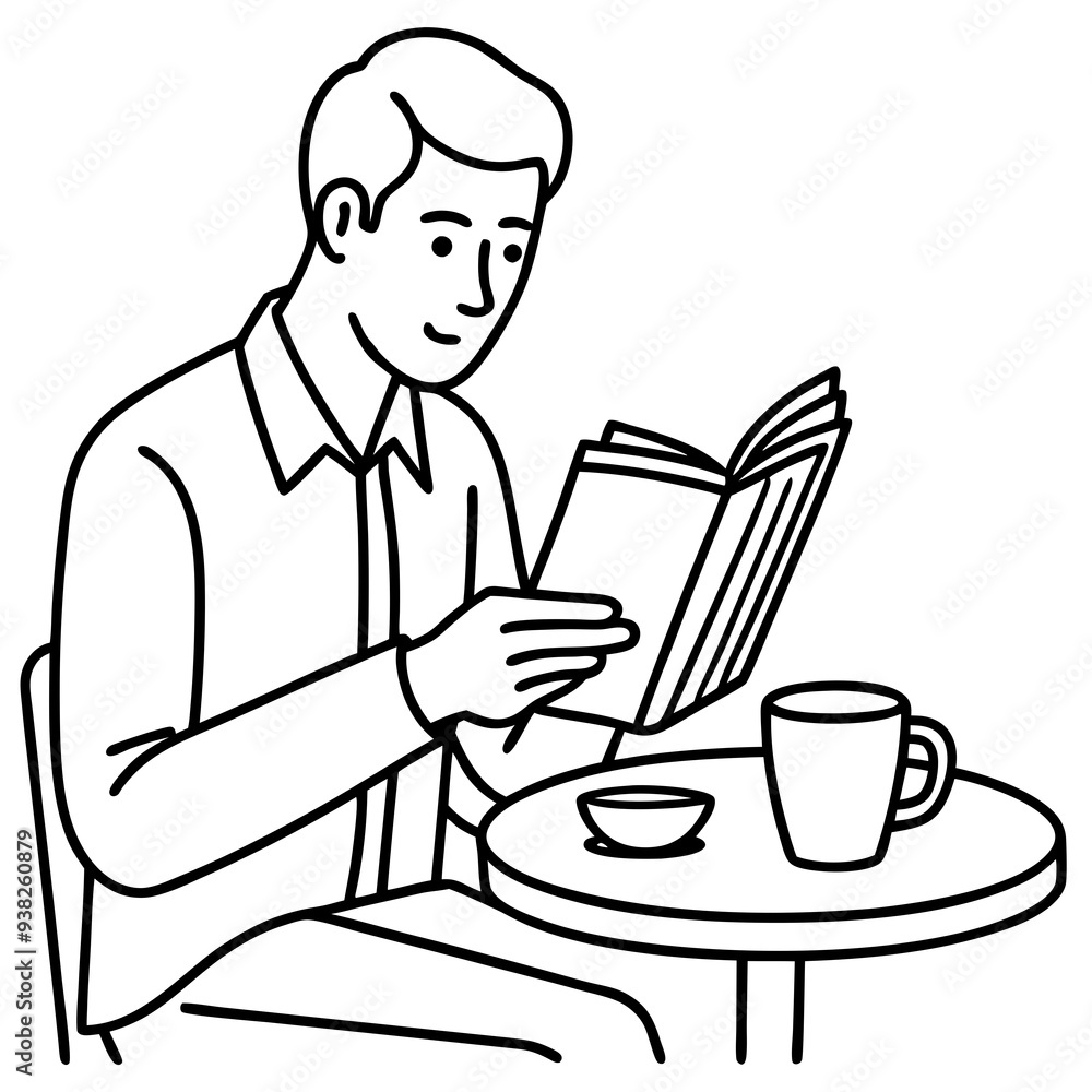 Man Reading Newspaper and Enjoying Coffee at Cafe Man Reading Newspaper and Enjoying Coffee at Cafe