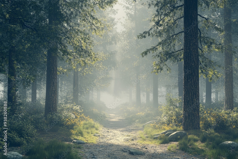 Obraz premium Misty forest path with tall trees and soft sunlight filtering through, serene and enchanting