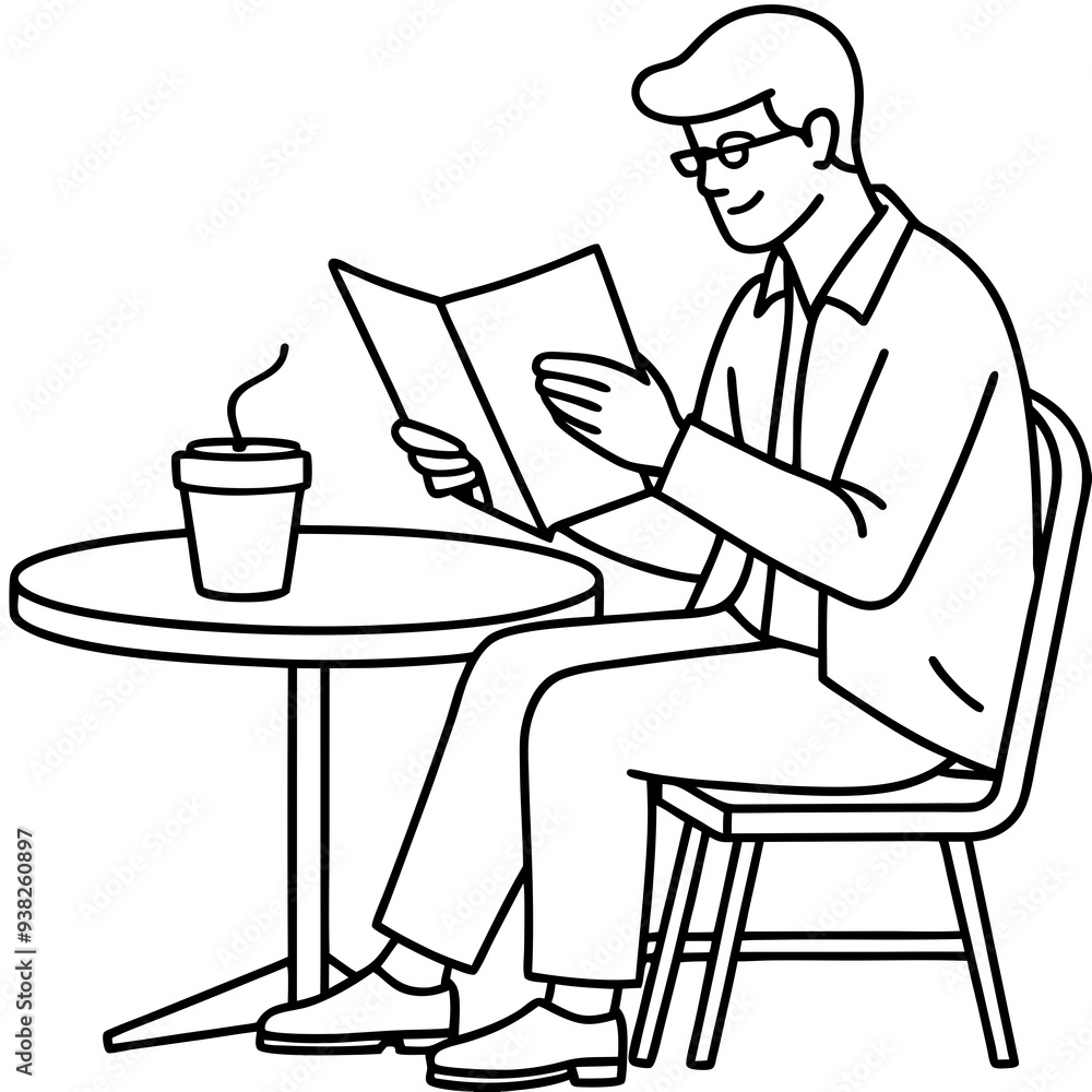 Man Reading Newspaper and Enjoying Coffee at Cafe Man Reading Newspaper and Enjoying Coffee at Cafe