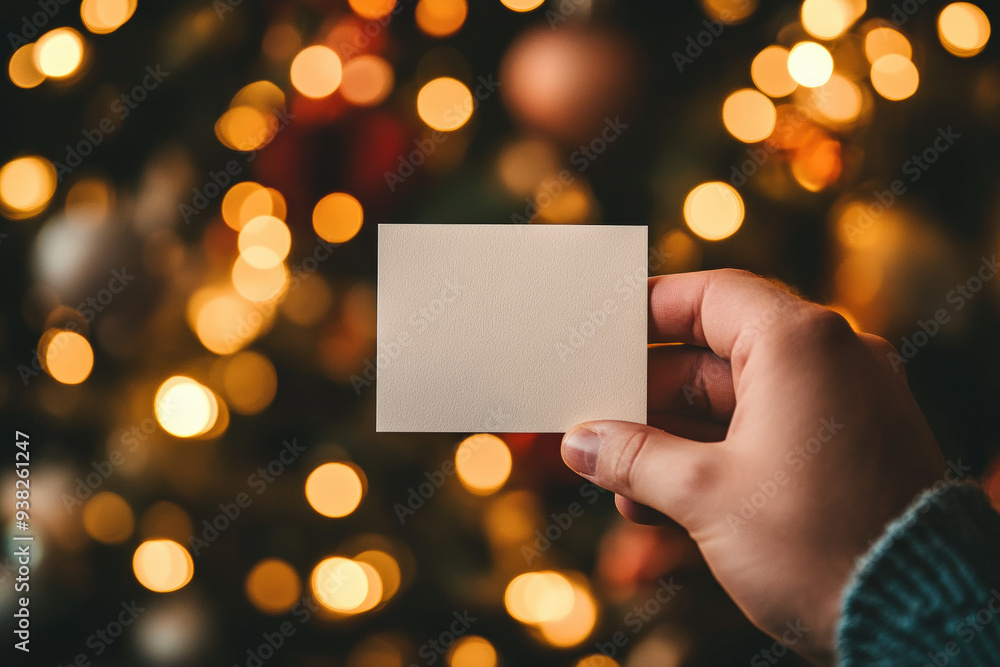 Hand Holding Blank Card with Festive Bokeh Lights Hand Holding Blank Card with Festive Bokeh Lights