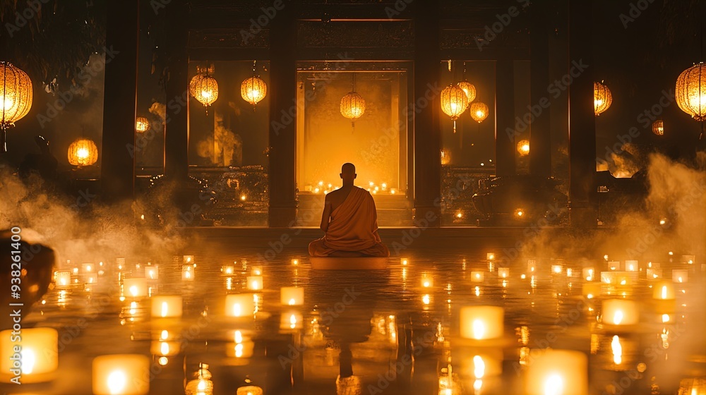 Serene Monk Ceremony: A Spiritual Poster for Tranquil Spaces, Capturing Peaceful Atmosphere with Flickering Candles, Incense Smoke, and Soft Lantern Light Serene Monk Ceremony: A Spiritual Poster for Tranquil Spaces, Capturing Peaceful Atmosphere with Flickering Candles, Incense Smoke, and Soft Lantern Light