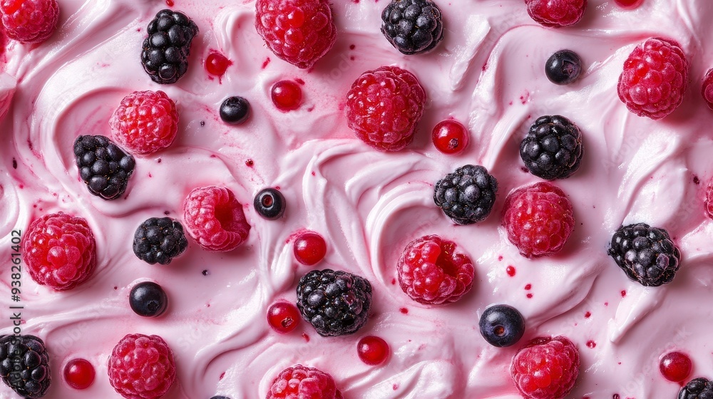 A close-up shot of a pink, creamy surface, with fresh raspberries, blackberries, and blueberries scattered across the surface. A close-up shot of a pink, creamy surface, with fresh raspberries, blackberries, and blueberries scattered across the surface.