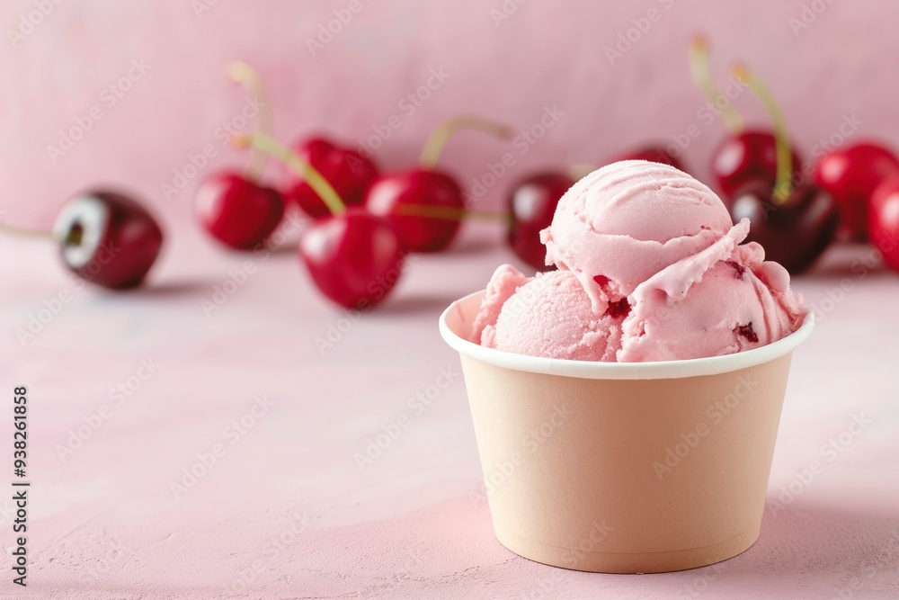 Two scoops of pink cherry ice cream in a paper cup with fresh cherries in the background on a pink surface. Two scoops of pink cherry ice cream in a paper cup with fresh cherries in the background on a pink surface.