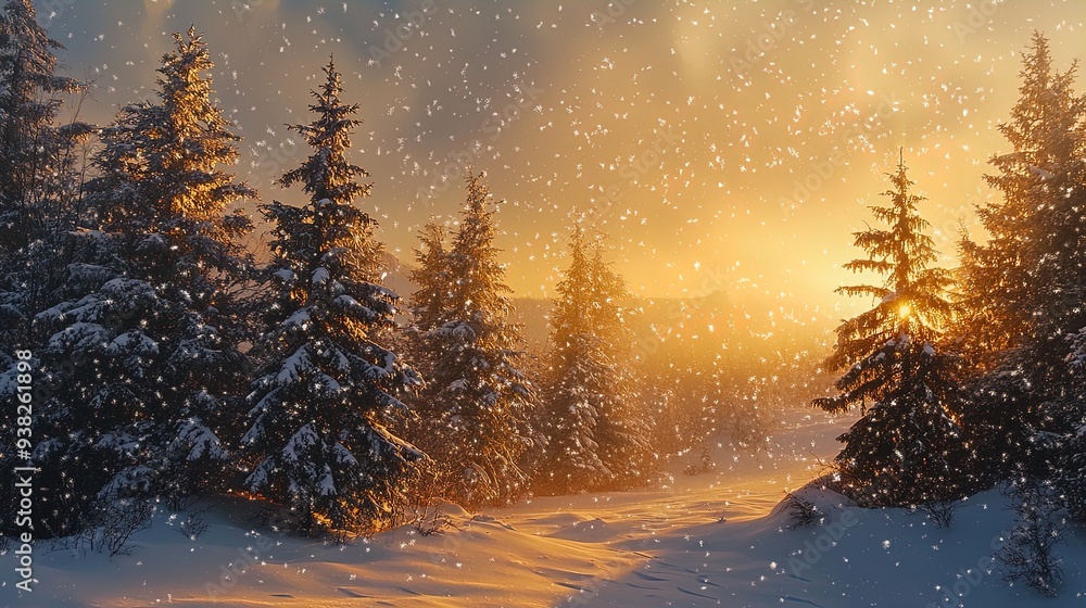 Fototapeta premium Serene Winter Wonderland: Snow-Covered Evergreens and Golden Sunset - Perfect for Sports Room Decor and Inspiring Warmth and Joy