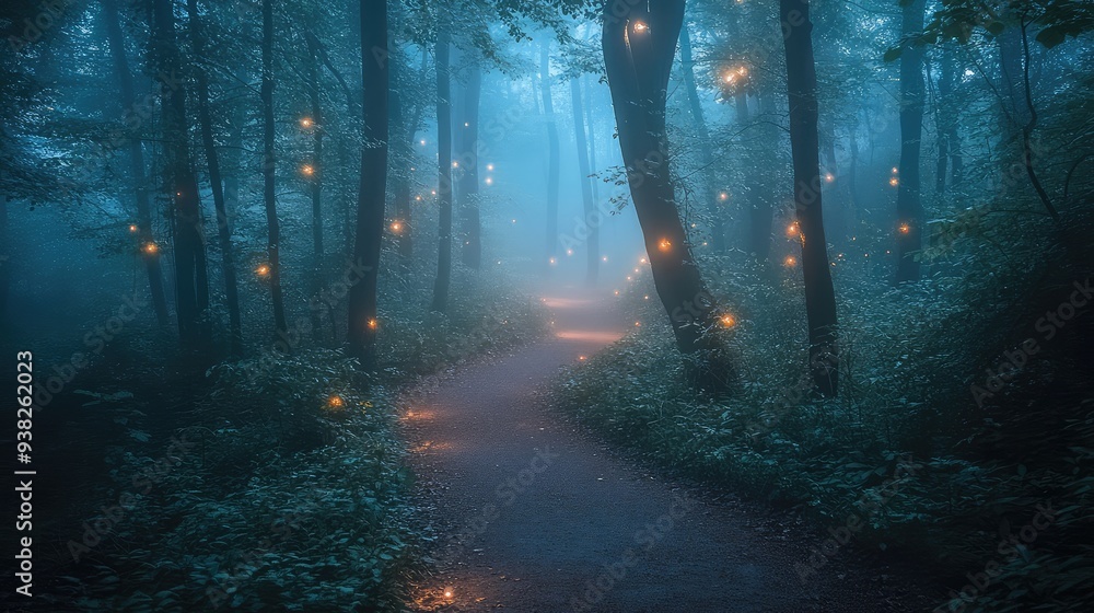 Fototapeta premium A mystical forest path with soft, glowing lights and ethereal fog, creating an enchanting and serene atmosphere.