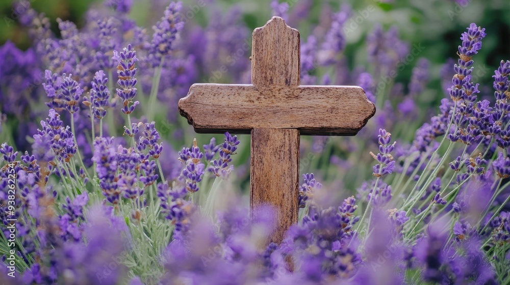 Closeup of a wooden cross surrounded by blooming lavender, evoking calm and reflection. Closeup of a wooden cross surrounded by blooming lavender, evoking calm and reflection.