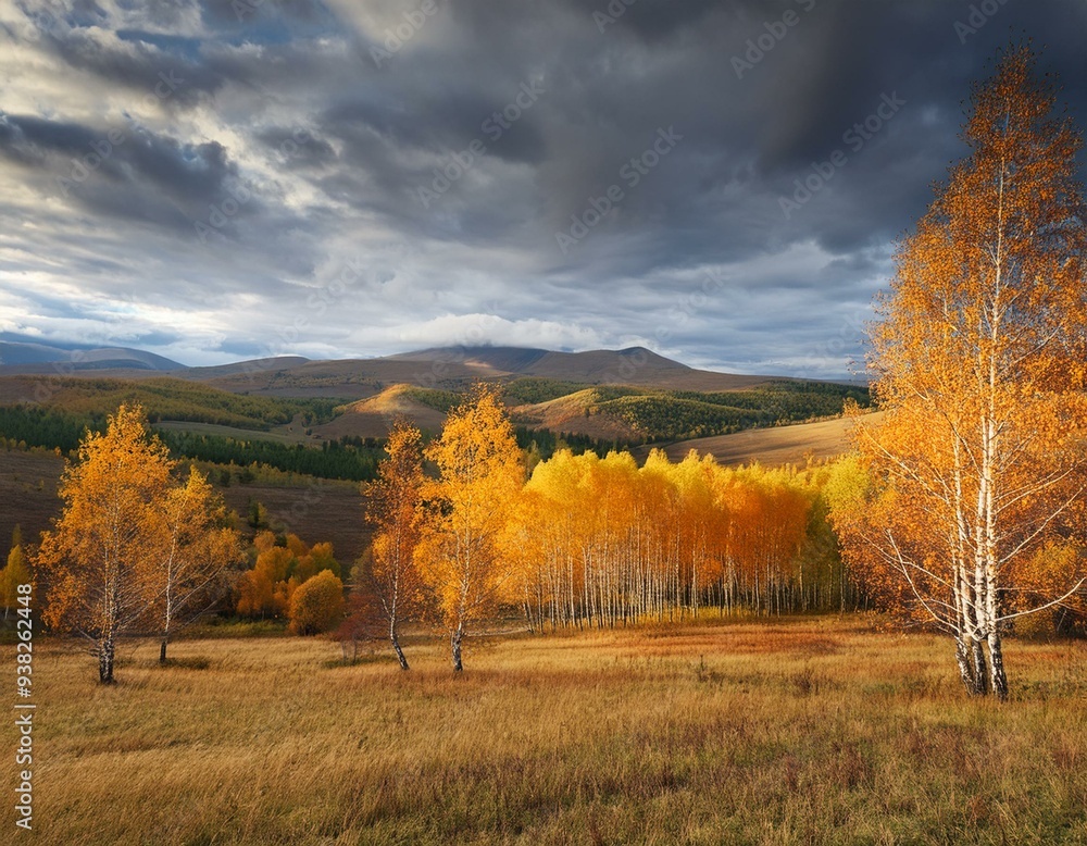 Fototapeta premium Vibrant Autumnal Landscape with Birch Trees and Distant Hills under Dramatic Sky