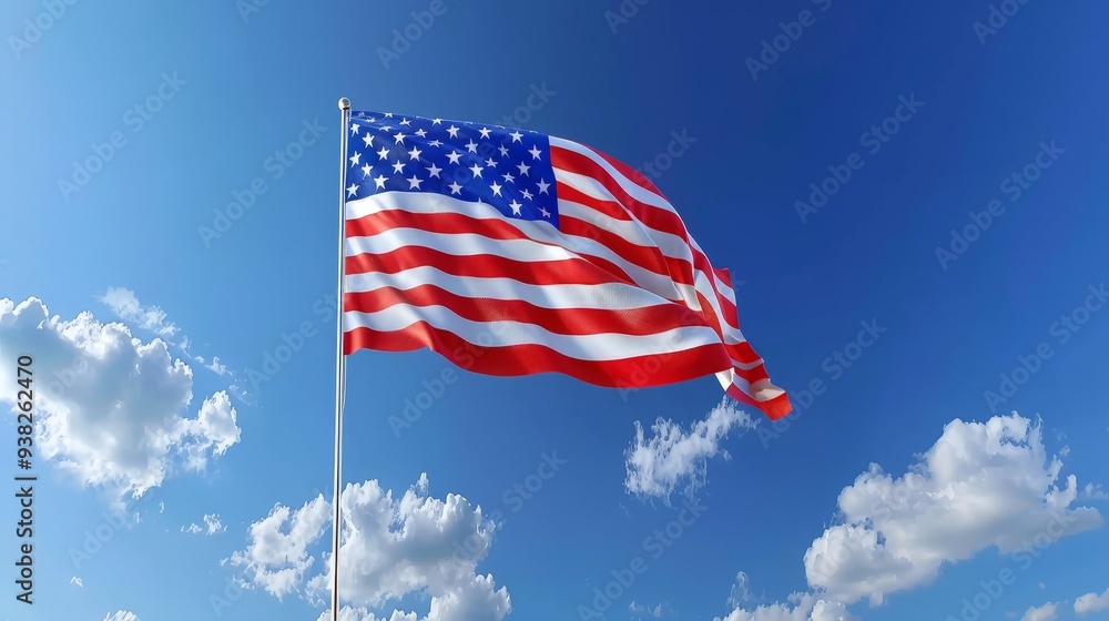 Obraz premium Waving American Flag Against a Scenic Background – Patriotic Symbolism for Celebrations and Advertising