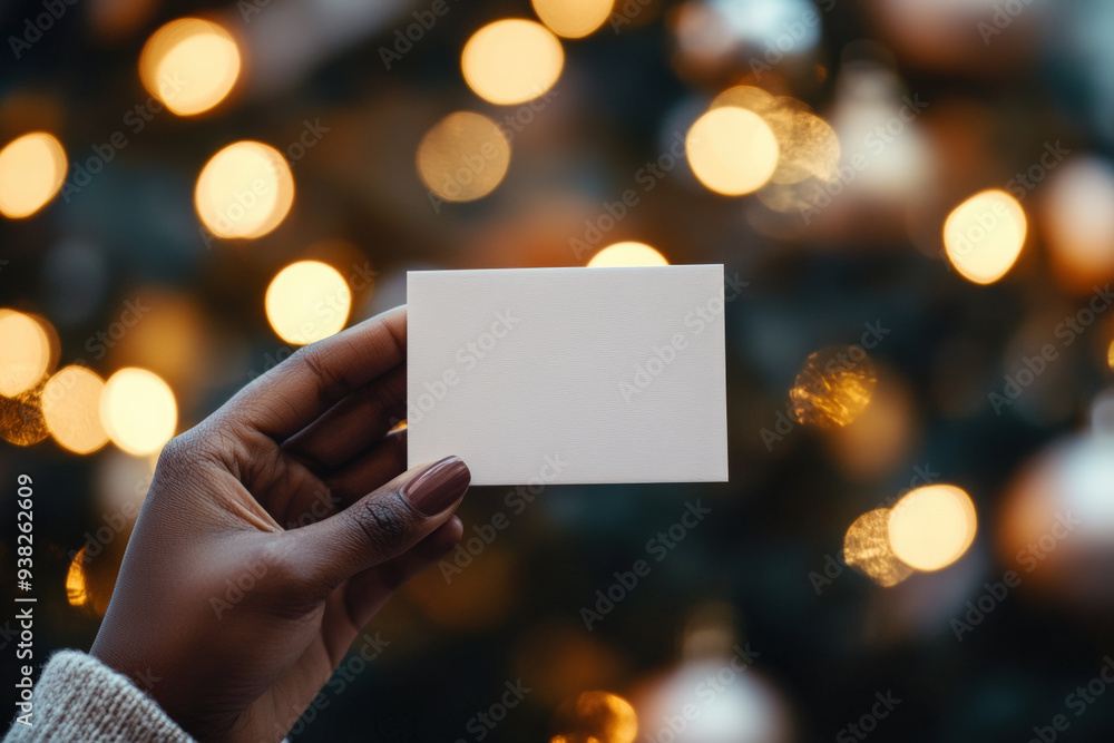 Hands Holding Blank Card with Festive Bokeh Background Hands Holding Blank Card with Festive Bokeh Background