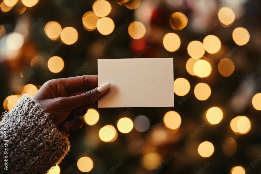 Warm Holiday Bokeh Background with Hand Holding Blank Card Warm Holiday Bokeh Background with Hand Holding Blank Card