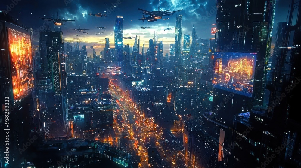 A sprawling futuristic city with towering glass and metal skyscrapers, sleek organic designs, and floating platforms connecting buildings. The sky is bustling with drones and flying cars. A sprawling futuristic city with towering glass and metal skyscrapers, sleek organic designs, and floating platforms connecting buildings. The sky is bustling with drones and flying cars.
