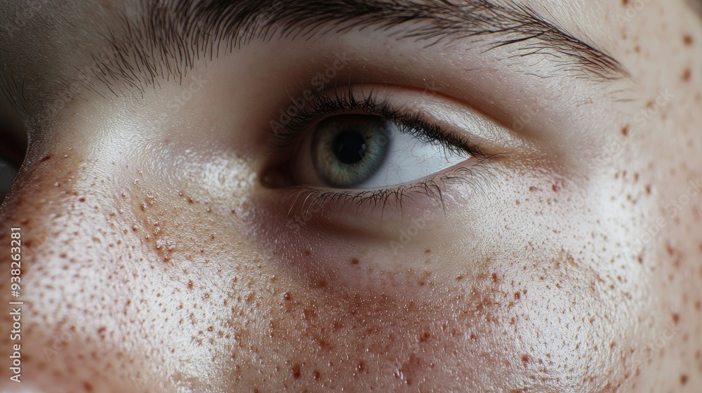 Detailed shot of a young person face showing acne and skin imperfections, emphasizing texture and blemishes. Detailed shot of a young person face showing acne and skin imperfections, emphasizing texture and blemishes.