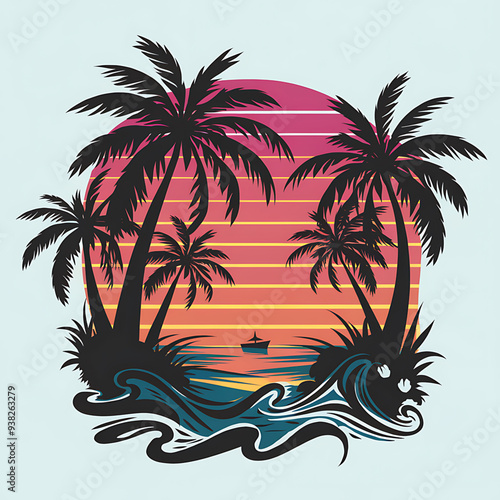 Set of retro sunsets in 80s and 90s style. Abstract sun at beach background with sunny vector and t-shirt design