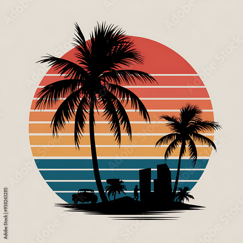 Set of retro sunsets in 80s and 90s style. Abstract sun at beach background with sunny vector and t-shirt design
