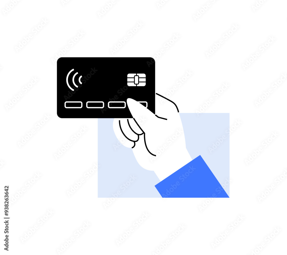 A hand holding a credit card featuring contactless payment symbol. Financial transaction, fintech, banking, secure payments, mobile wallet concepts are illustrated in this vector. A hand holding a credit card featuring contactless payment symbol. Financial transaction, fintech, banking, secure payments, mobile wallet concepts are illustrated in this vector.