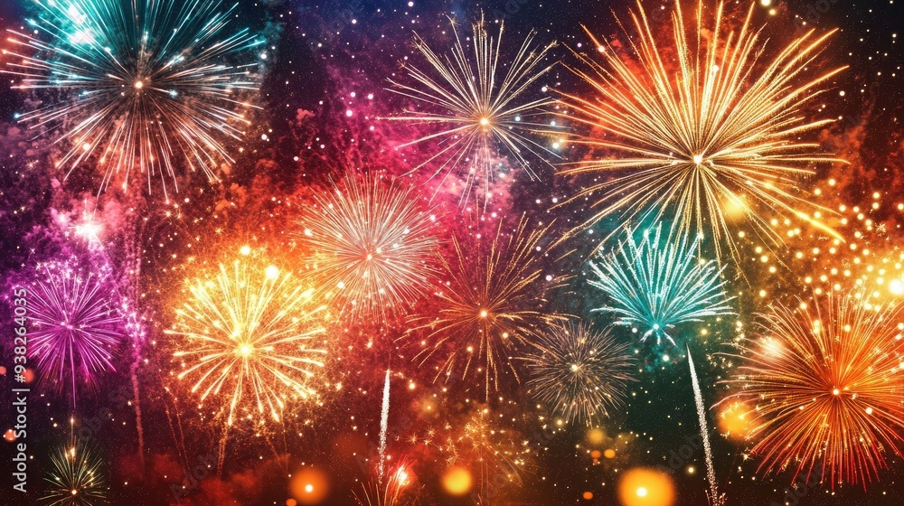 Fototapeta premium Fireworks exploding in a brilliant array of colors against a starry night sky, evoking excitement.