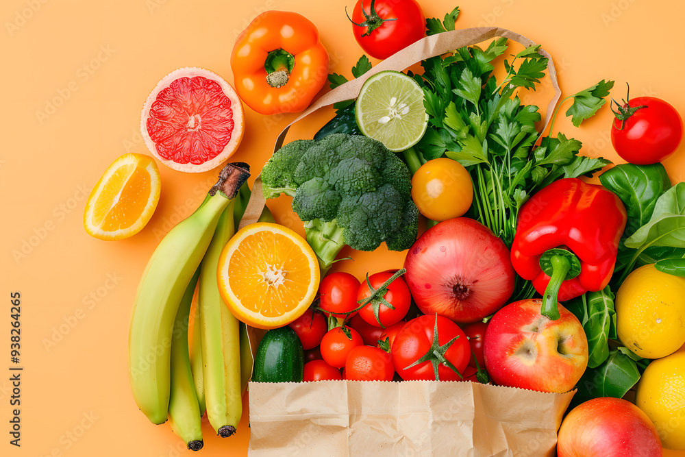 Colorful healthy food in paper bag. Vegetable and fruit on background. Colorful healthy food in paper bag. Vegetable and fruit on background.
