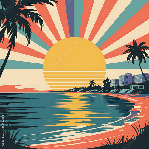 Set of retro sunsets in 80s and 90s style. Abstract sun at beach background with sunny vector and t-shirt design