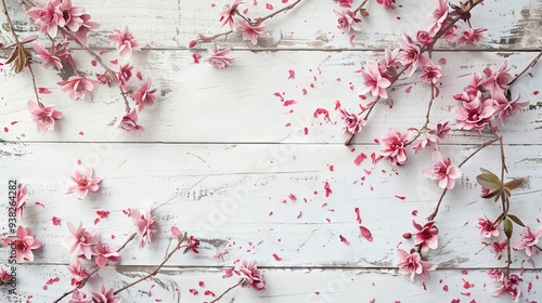 Flowers Composition for Celebration with Pink Plants on Old White Wooden Background. AI generated illustration photo