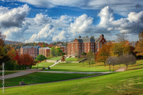 A scenic view of a college or university campus during the autumn season, with changing leaves and possible students walking by